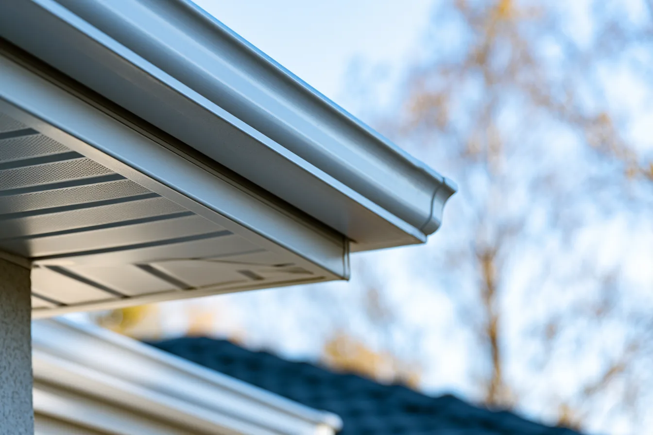 Metal gutter along a roof edge with ventilated soffit panels below